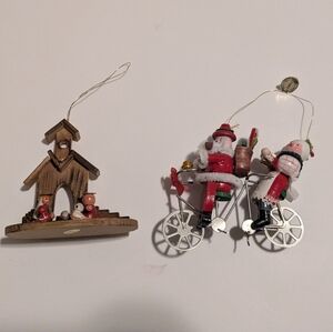 Vintage Christmas Ornaments - Santa on Bicycle and Nativity Scene
